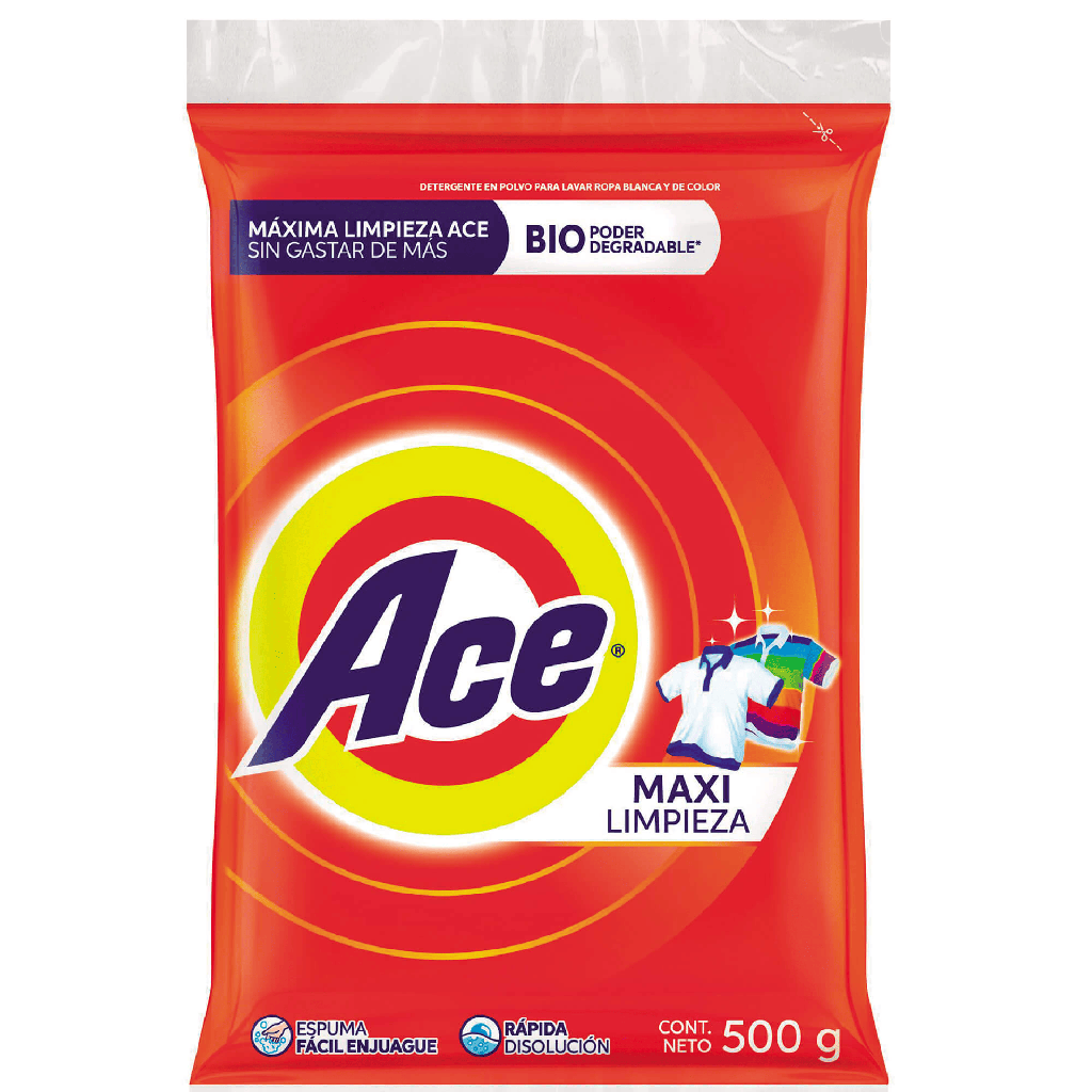Detergente Ace Máxima Limpieza Bio Degradable en Polvo 500gr