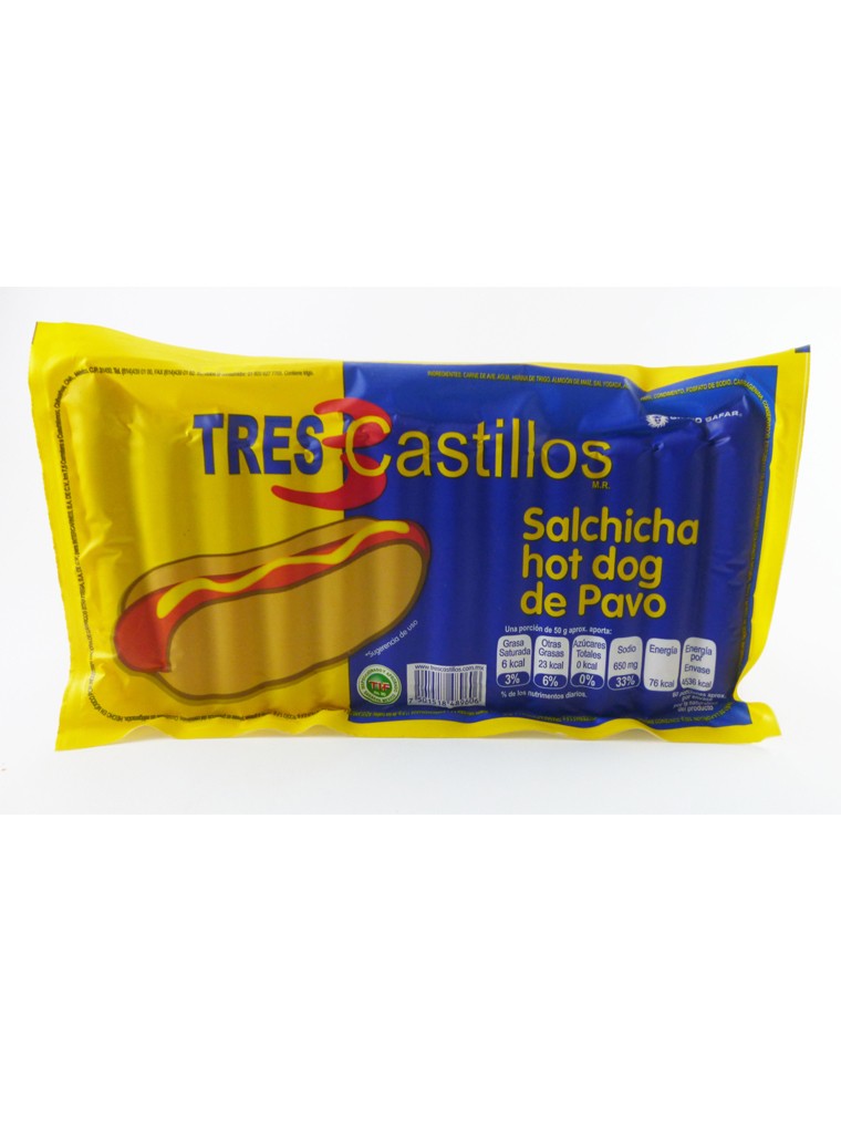 Salchicha Tres Castillos de Pavo para Hot Dog 1kg
