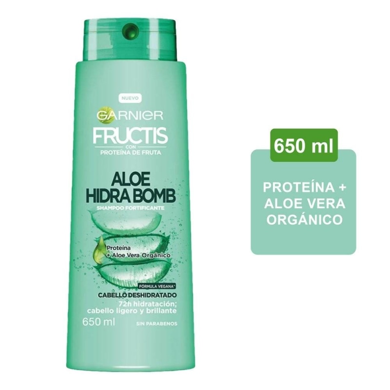 Shampoo Fructis Garnier con Proteína de Fruta Aloe Hidra Bom Proteína + Aloe Vera Orgánico Cabello Deshidratado 650ml