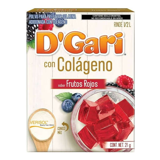 [D'GARI FRUTOS ROJOS COLÁGENO 21GR] Gelatina D'Gari con Colágeno Frutos Rojos en Polvo para Agua 21gr