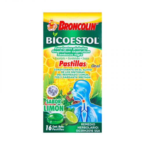 [BRONCOLIN BICOESTOL LIMON 16PZ] Medicamento Broncolin Bicoestol Limon Caja con 16pz